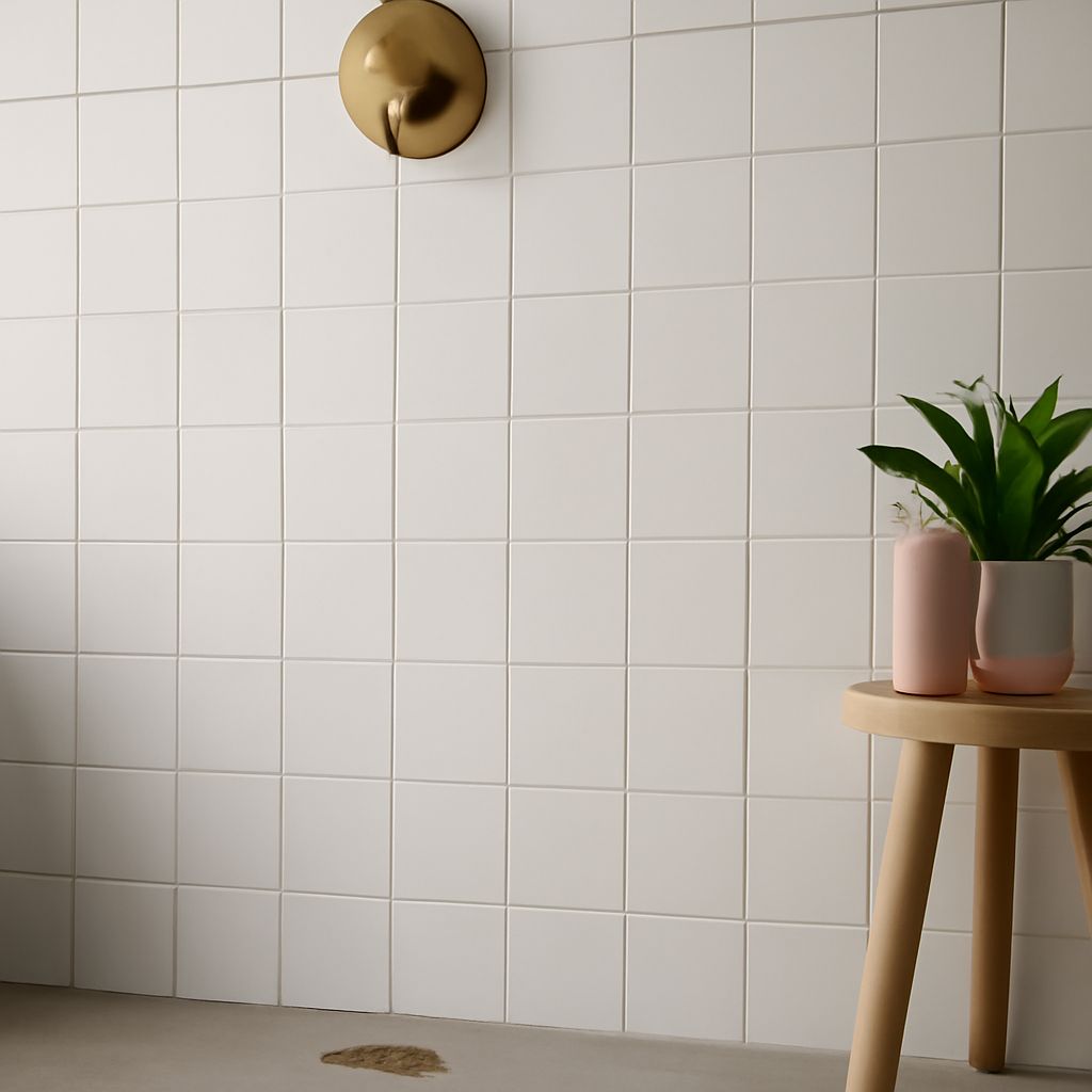 White subway tile with gray grout and caulking backer rod