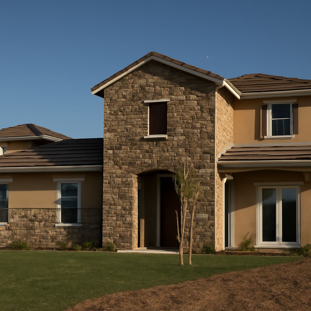 A house featuring exterior insulation finishing system and siding and gutters