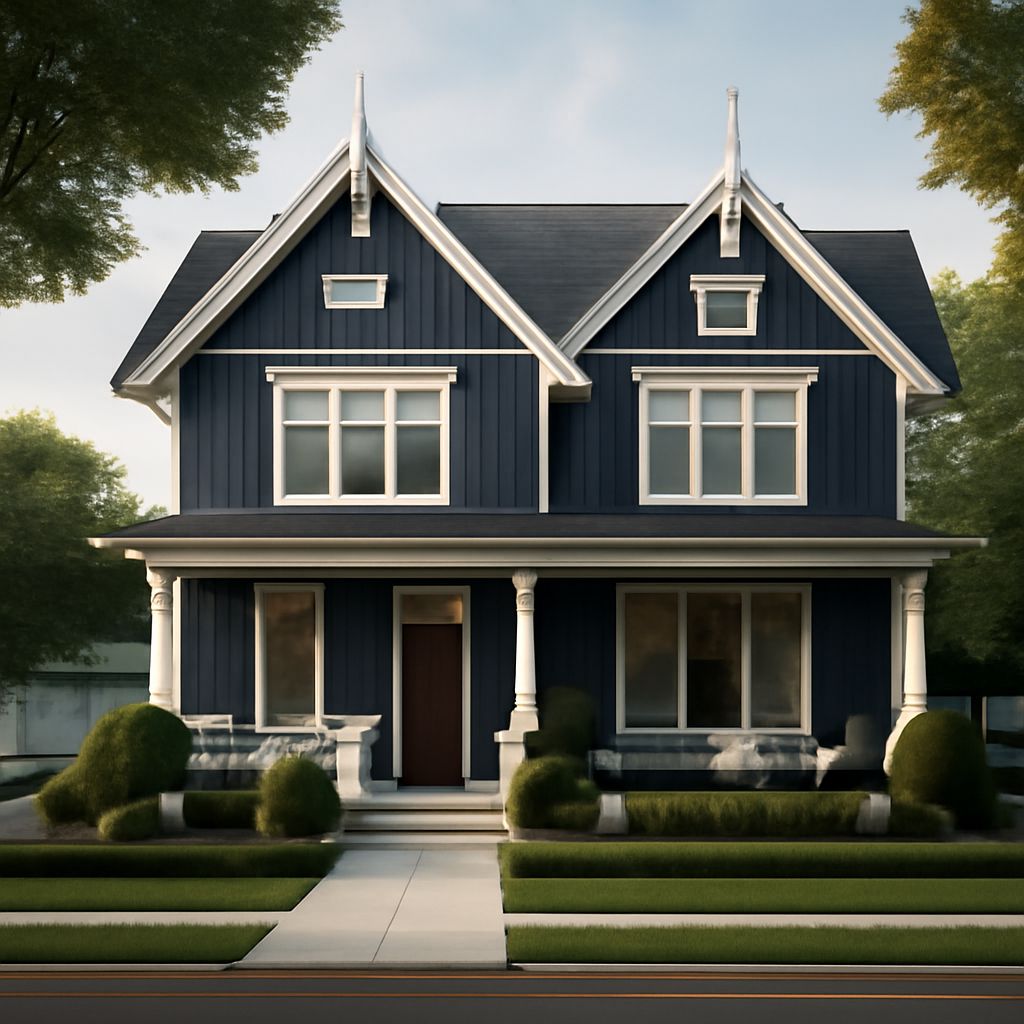 blue siding house with navy blue and coastal blue accents