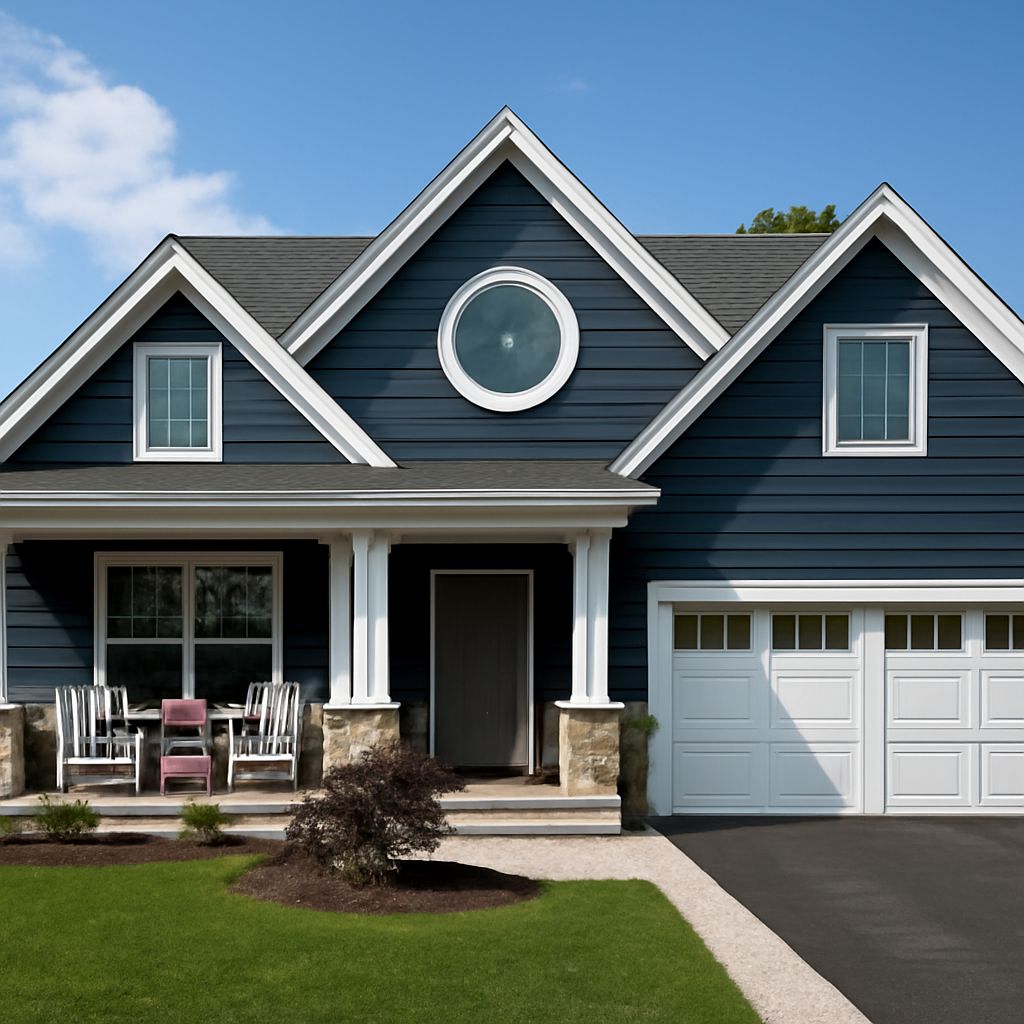 Beautiful house with blue siding and navy blue vinyl siding