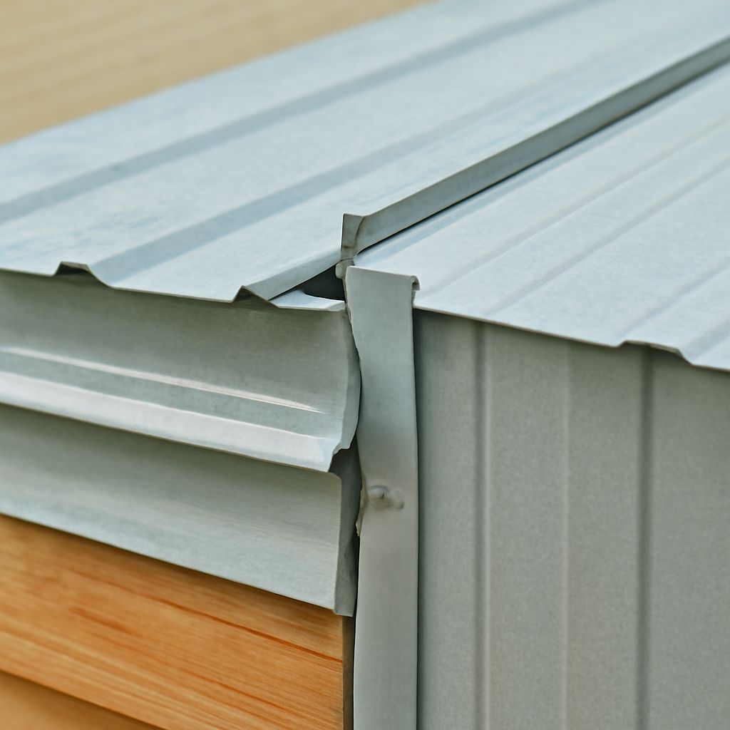A close-up of metal roofing trim and red metal roofing