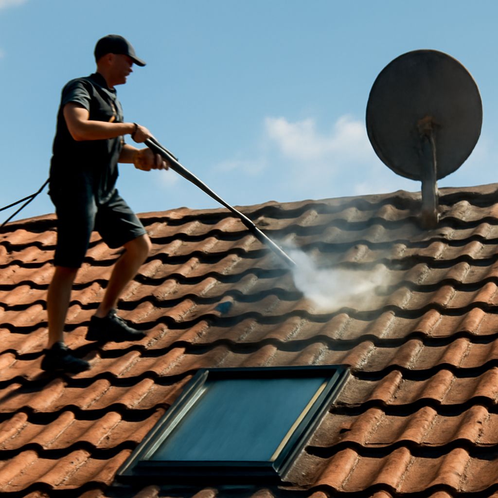 Removing moss from roof shingles and hard water stains from tile